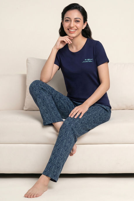Zivame Knit Cotton Pyjama Set - Blue Depths — image 4